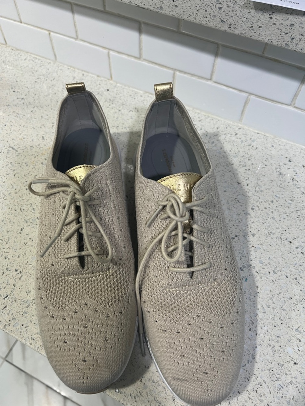 Cole hann Taupe Knit Lace-Up Sneakers with Gold Tongue Accent